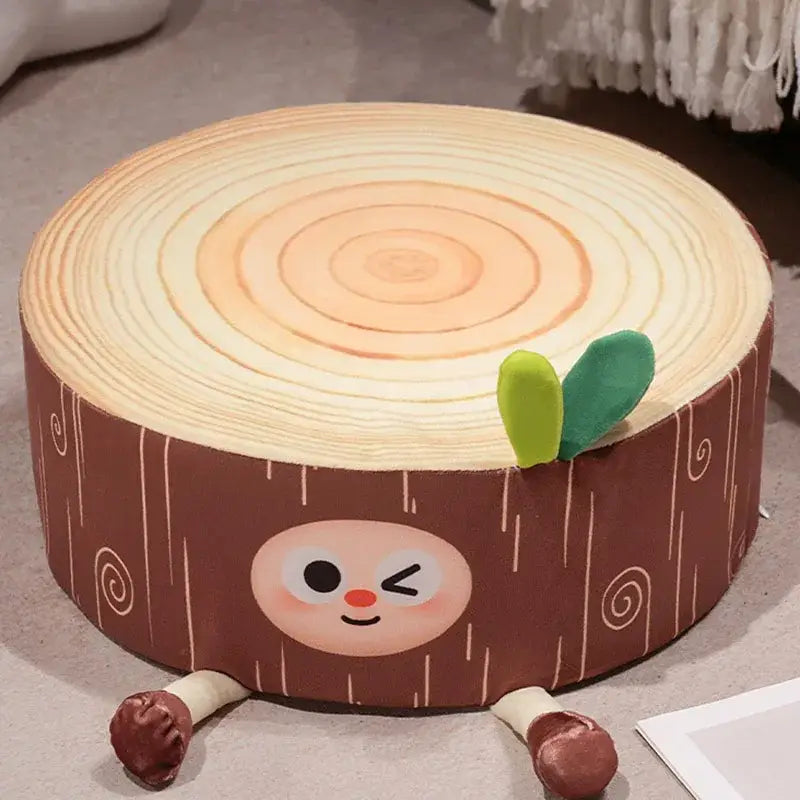 Cute brown plush cartoon tree stump cushion with smiling face green leafy topknot and wooden textured legs for decorbites decor