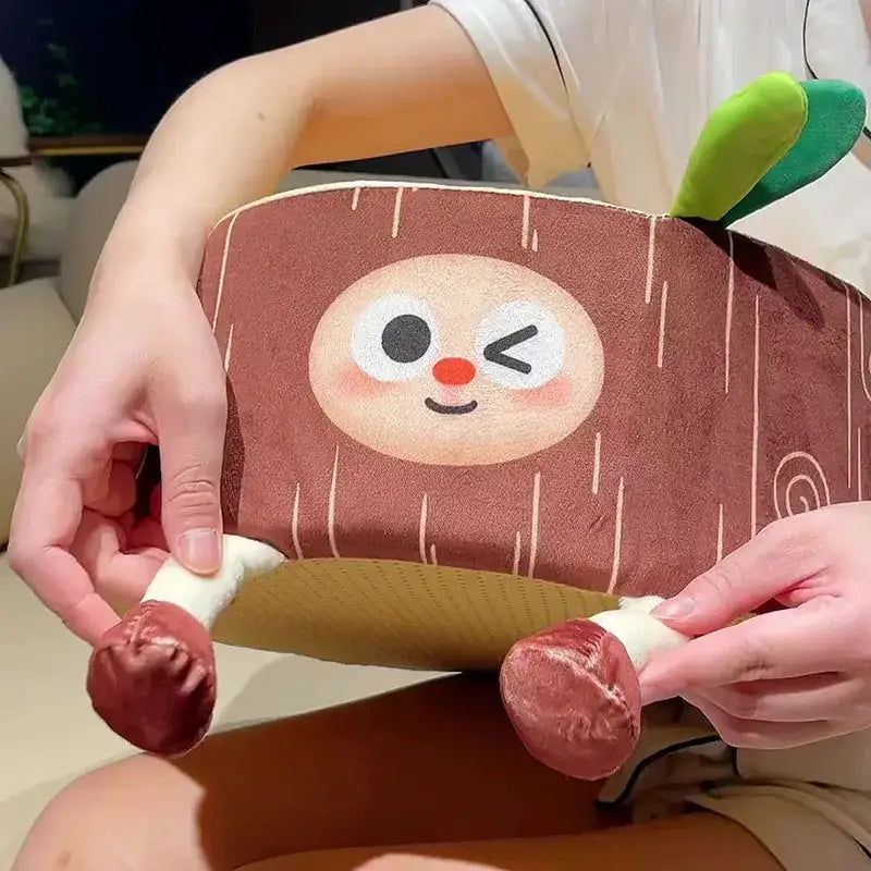 Cute brown plush cartoon tree stump cushion with smiling face and green leafy top for bedroom decorbites decor