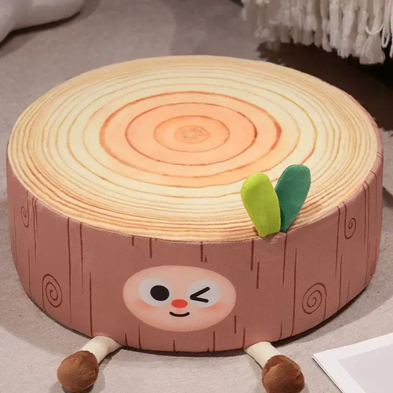 Cute pink cartoon tree stump cushion plush pillow with embroidered wood grain and green leaf decorbites cartoon tree decor