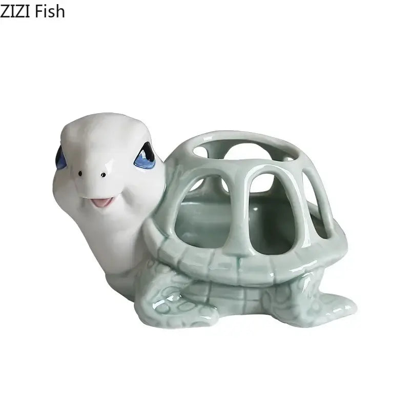 Cartoon turtle ceramic 3 slot planter with glossy white head blue eyes and openwork light green shell for living room decor