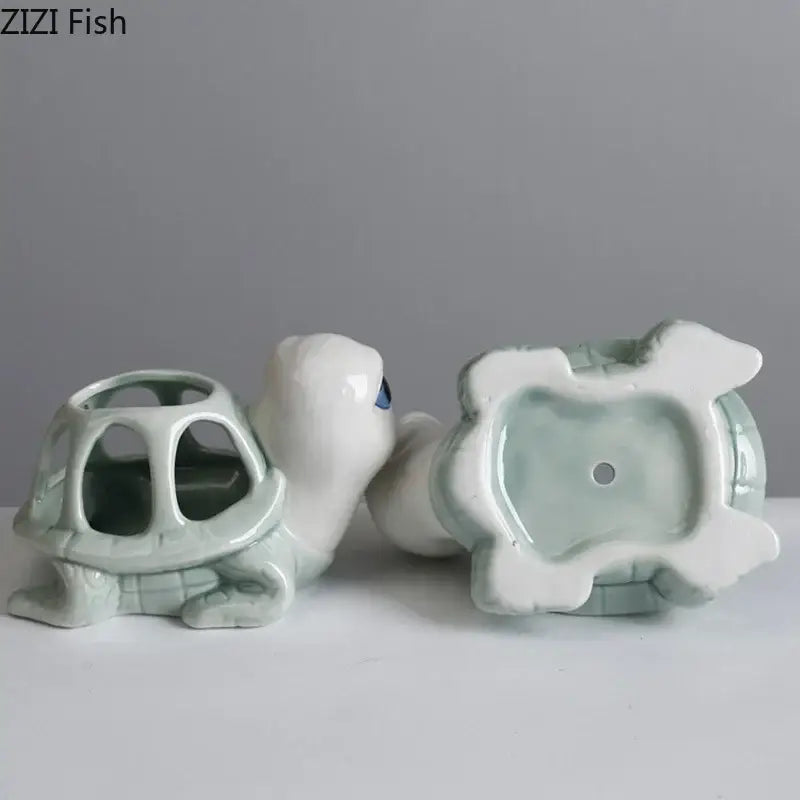 Cartoon turtle ceramic 3 slot planter with glazed light green shells and white bodies for living room decorbites cartoon turtle decor