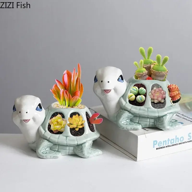 Cute white cartoon turtle ceramic 3 slot planter with blue eyes and colorful succulents for living room decorbites decor