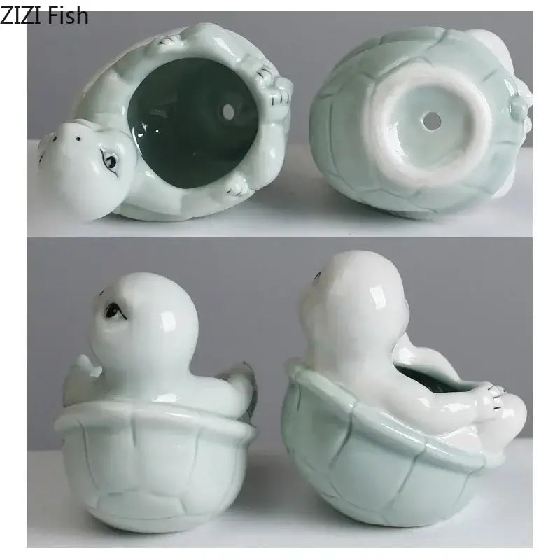 A light green cartoon turtle ceramic planter with glossy finish and detailed shell perfect for living room decorbites decor