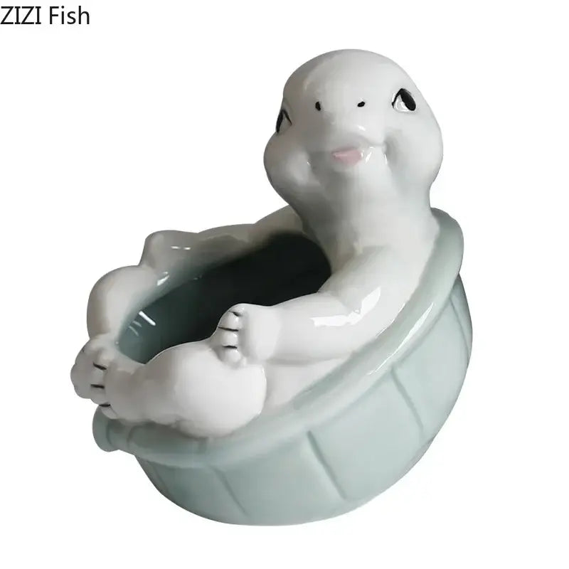 Cute white ceramic cartoon turtle figurine with light green shell sitting in matching basin for living room decorbites cartoon turtle