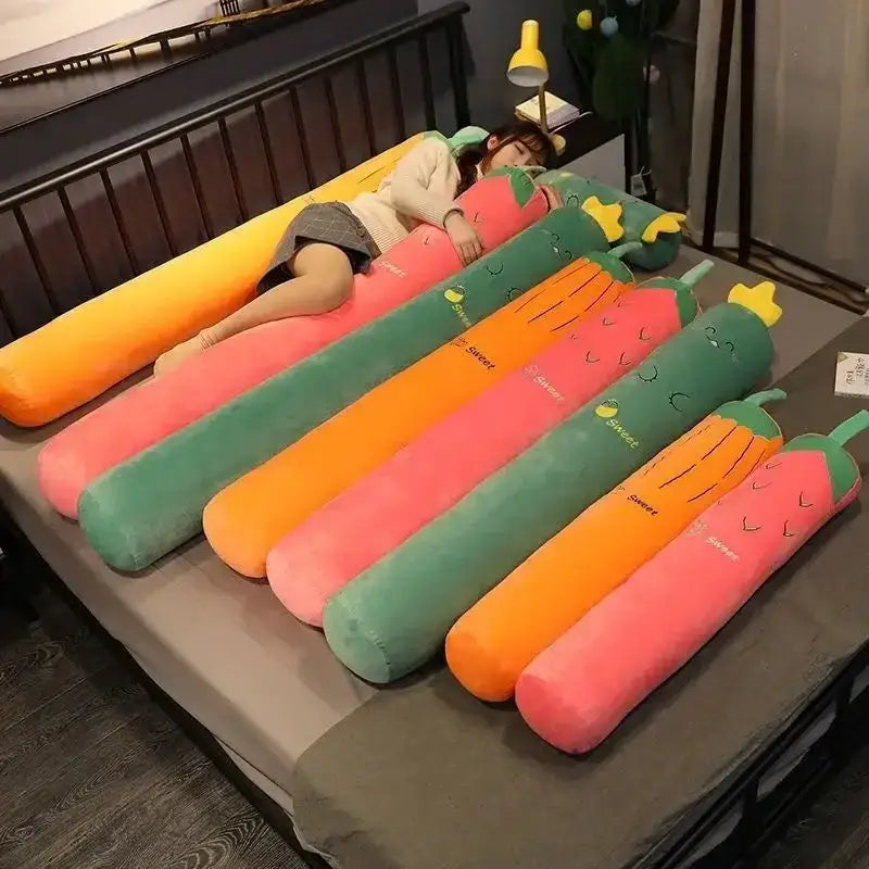 A plush cartoon vegetable comfort long body pillow with a smiling face and green leafy top for bedroom decorbites comfort long use