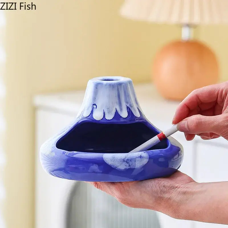 Blue ceramic volcanic ceramic ashtray with white glaze accents for decorbites cartoon volcanic office desk decor