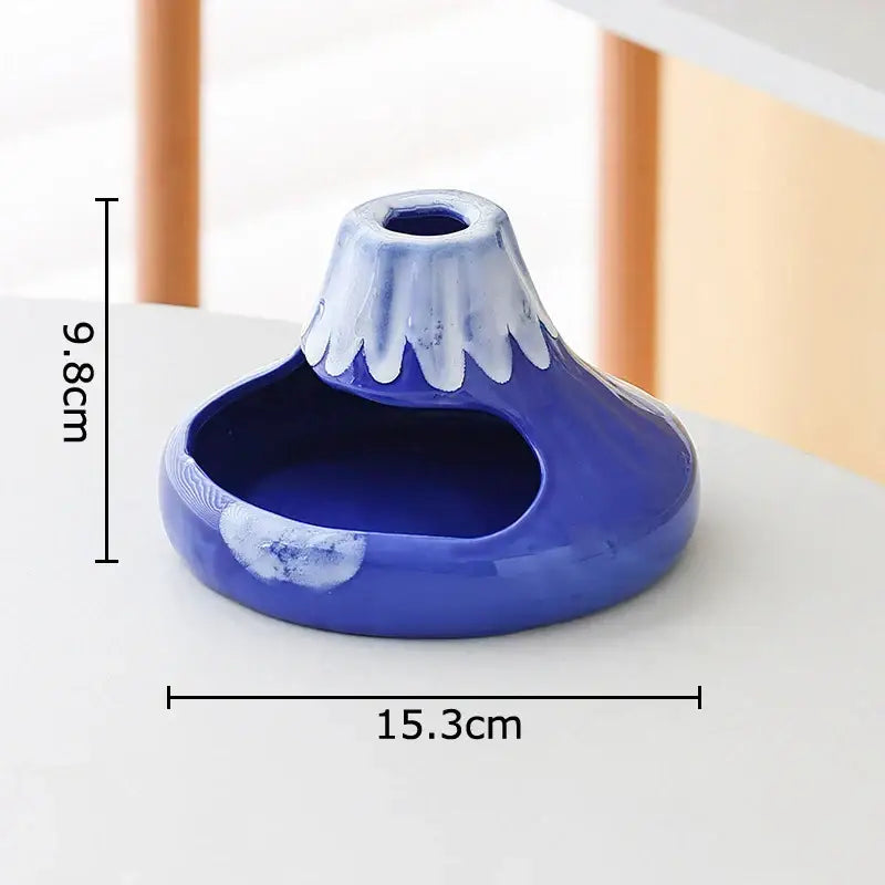 Blue ceramic mount fuji-shaped pet dish with white snow-capped peak and textured base for decorbites cartoon volcanic use