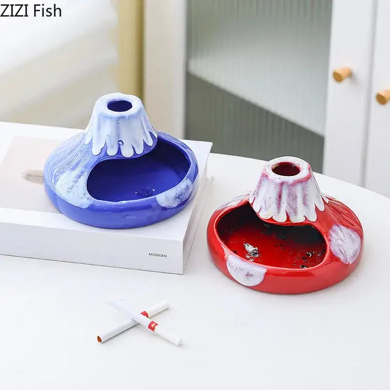 Blue and red volcanic ceramic ashtrays shaped like mount fuji with snow-capped peaks decorbites cartoon volcanic desk decor