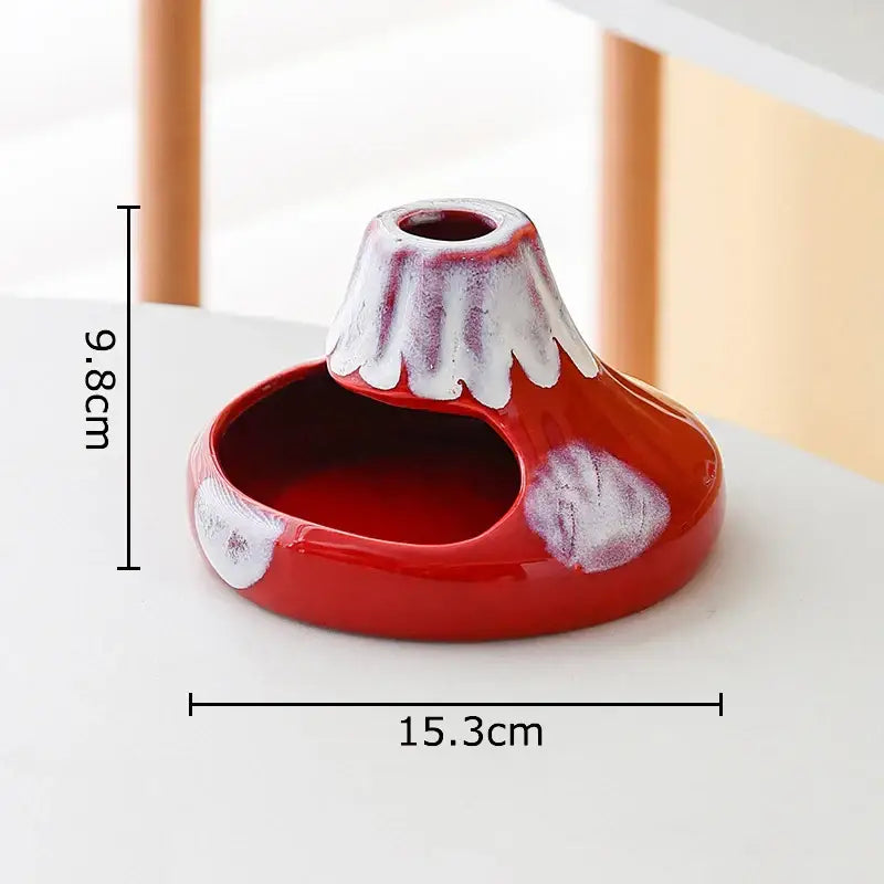 Glossy red and white cartoon volcanic ceramic ashtray shaped like a stylized mountain for office desk decorbites decor
