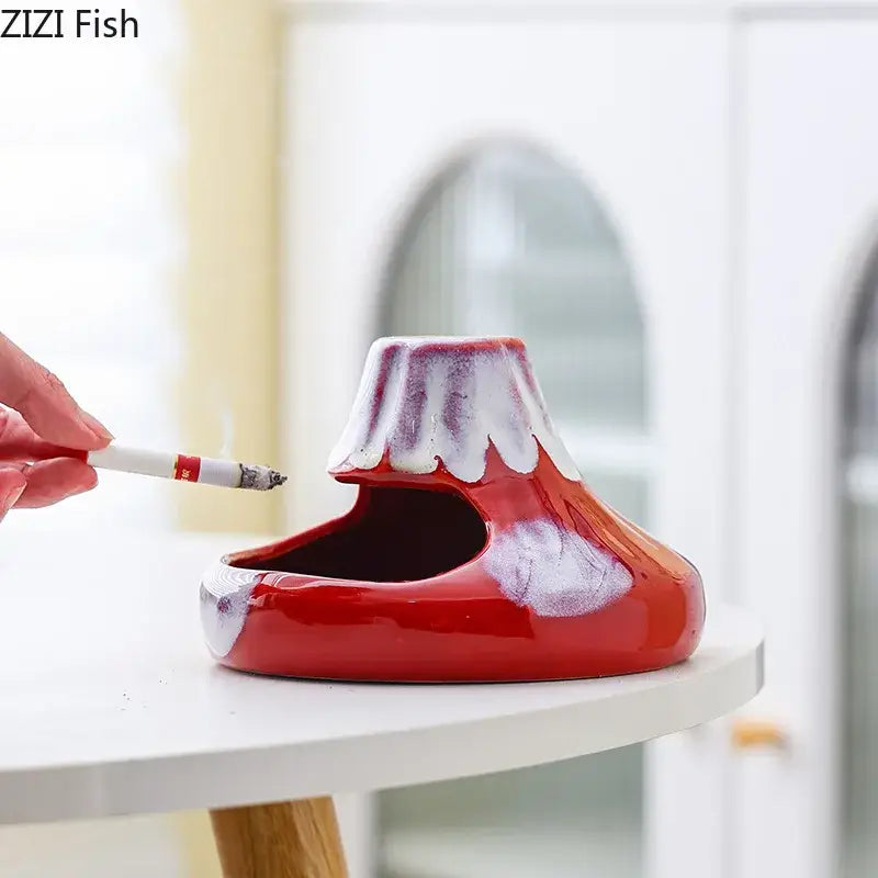 Red and white volcanic ceramic ashtray shaped like a snow-capped mountain for office desk decorbites cartoon volcanic decor