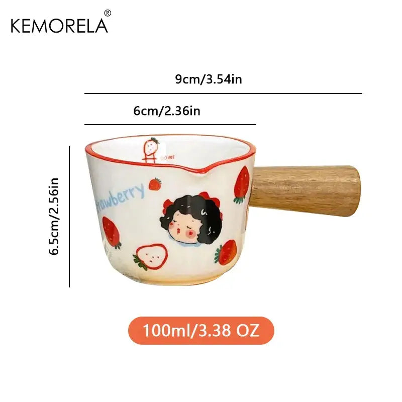 Kemorela decorbites italian ceramic measuring cup with wooden handle featuring strawberry and cartoon girl design