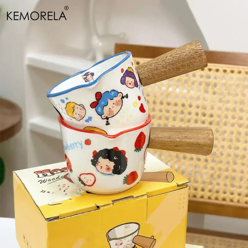 Cartoon white italian ceramic measuring cups with wooden handles featuring colorful decorbites italian ceramic strawberry designs