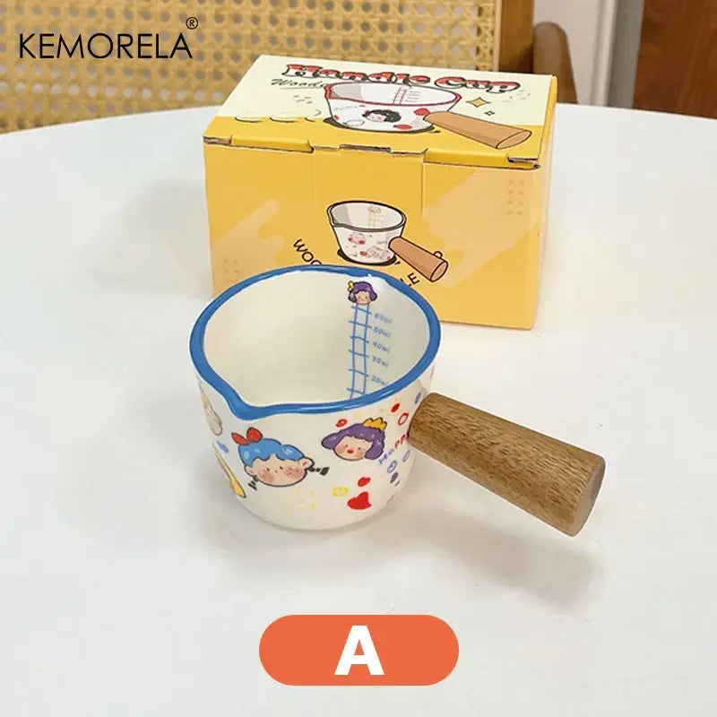 White italian ceramic measuring cup with wooden handle blue rim and cartoon decorbites italian ceramic design