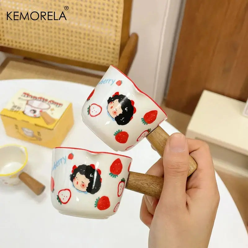White italian ceramic measuring cups with wooden handles featuring cartoon girl and berry design for kitchen use decorbites italian ceramic