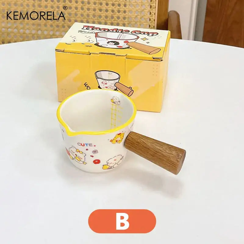 Cute white italian ceramic measuring cups with yellow rim wooden handle and cartoon character designs by decorbites italian ceramic