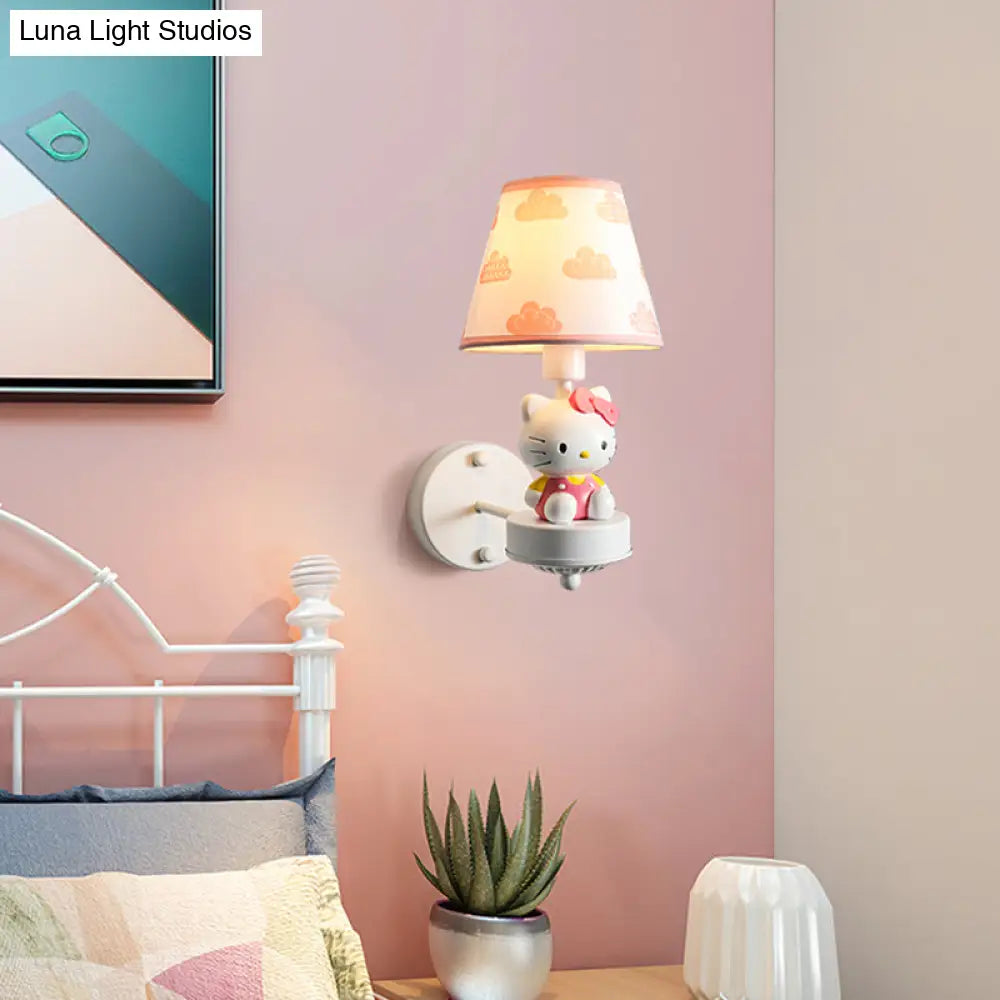 Cartoon White Wall Mount Light: Single-Bulb Bedroom Fixture with Conical Fabric Shade
