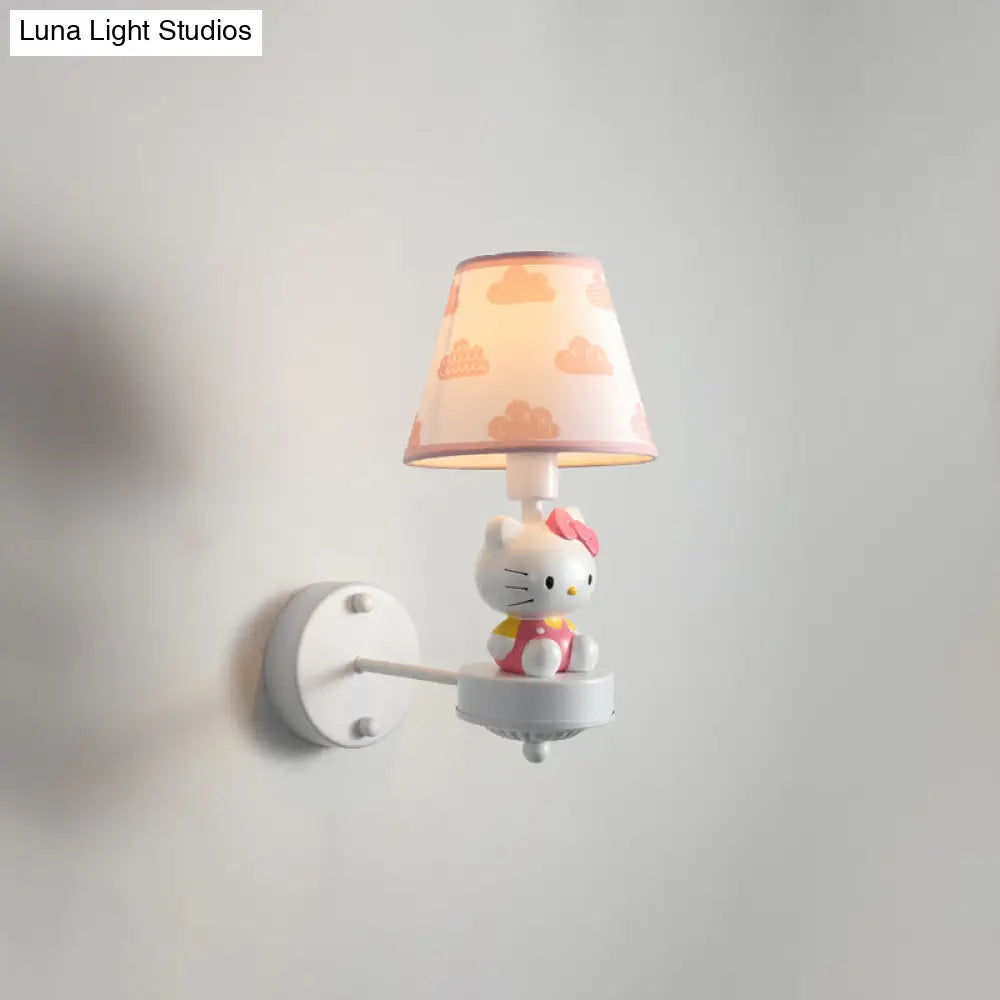 Cartoon White Wall Mount Light: Single-Bulb Bedroom Fixture with Conical Fabric Shade