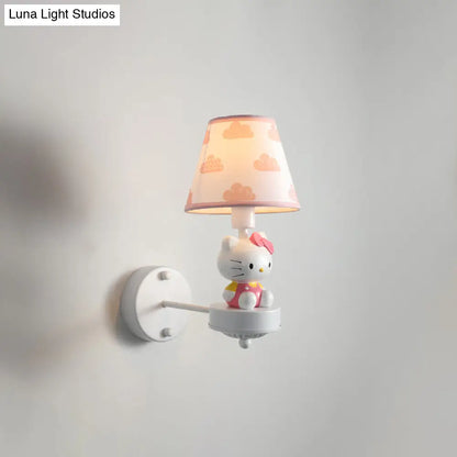 Cartoon White Wall Mount Light: Single-Bulb Bedroom Fixture with Conical Fabric Shade