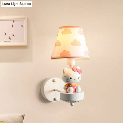 Cartoon White Wall Mount Light: Single-Bulb Bedroom Fixture with Conical Fabric Shade