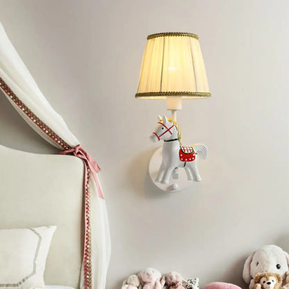 Cartoon White Wall Mount Light: Single-Bulb Bedroom Fixture with Conical Fabric Shade
