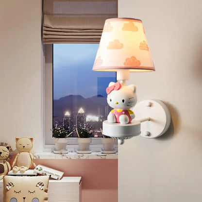 Cartoon White Wall Mount Light: Single-Bulb Bedroom Fixture with Conical Fabric Shade