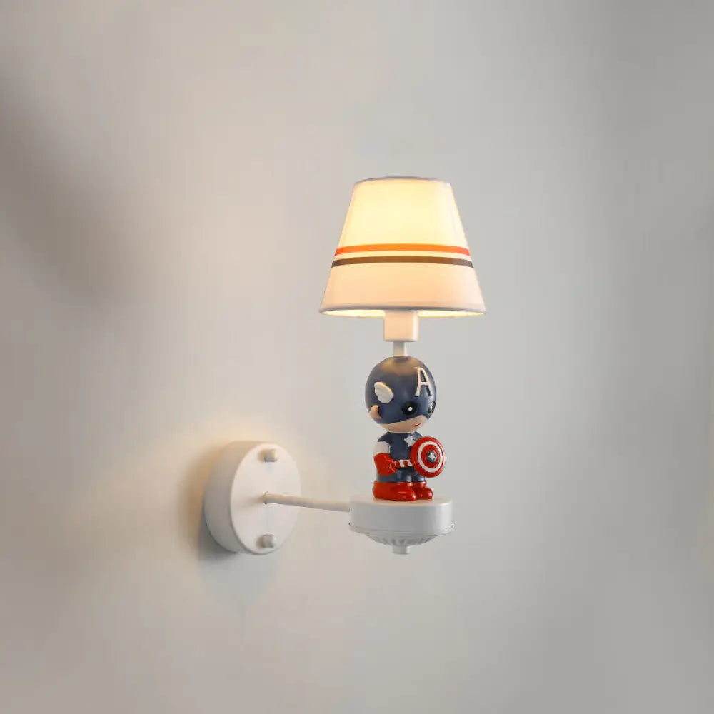 Cartoon White Wall Mount Light: Single-Bulb Bedroom Fixture with Conical Fabric Shade