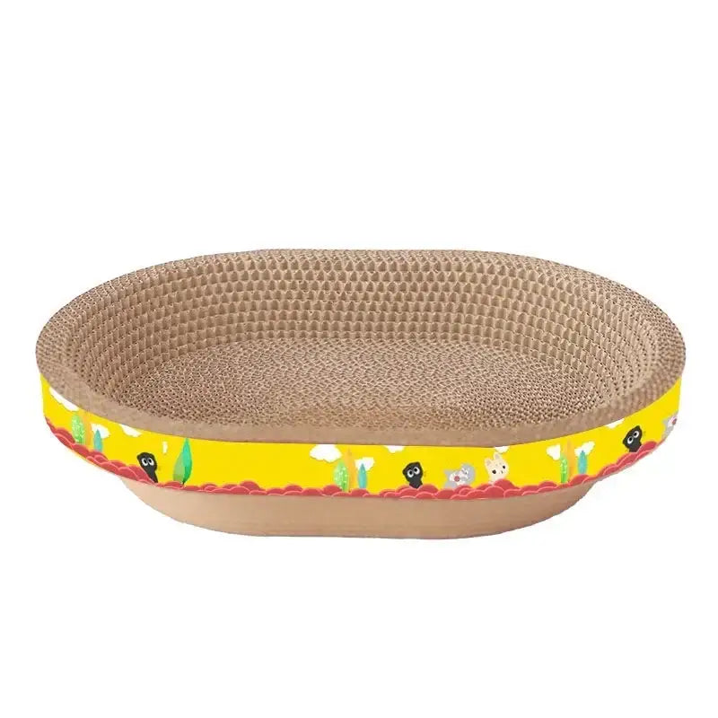 Yellow-bordered oval cat scratch lounge bed with textured brown cardboard surface and cartoon animal illustrations