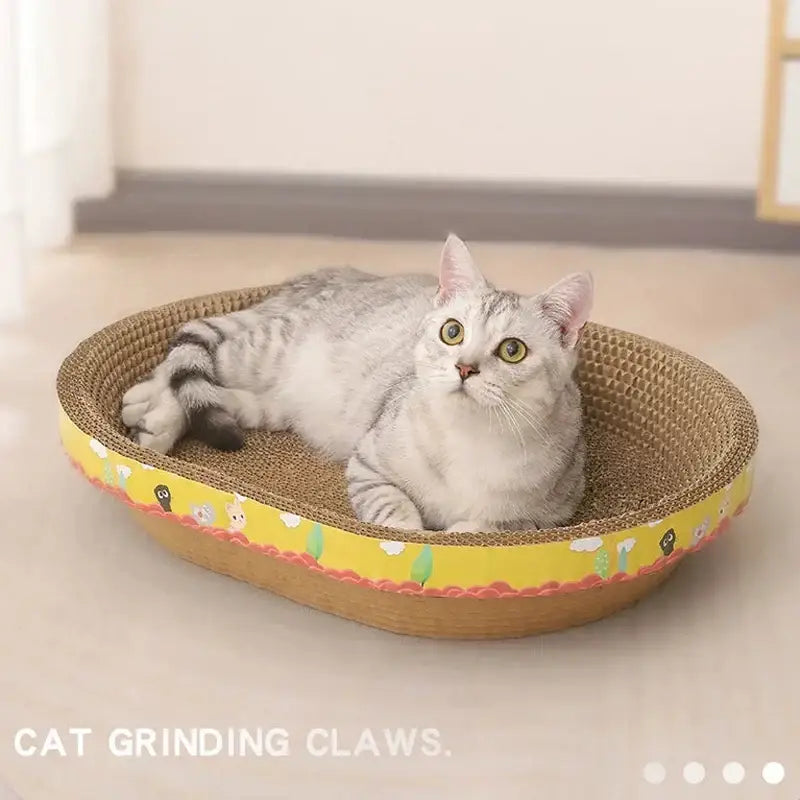 A cozy oval cat scratch lounge bed with yellow and pink floral trim, ideal as a cat scratcher board