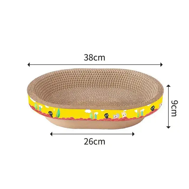 Oval brown cardboard cat scratch lounge bed with yellow rim and cartoon animal designs for living room use