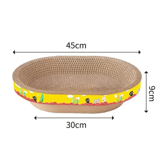Yellow and brown oval cat scratch lounge bed with perforated cardboard surface and cartoon animal designs on rim