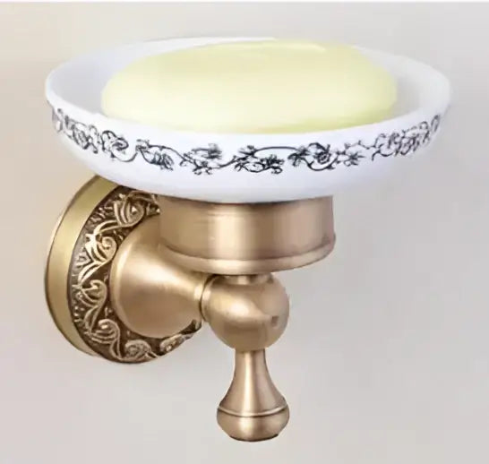 Antique bronze brass wall-mounted soap dish with white ceramic bowl and black floral patterns from decorbites carved antique set