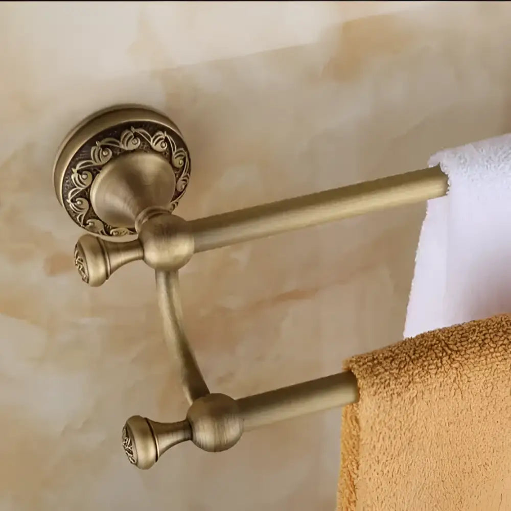 Antique bronze brass double towel rack with ornate floral carved antique detailing and decorative finials for bathroom decorbites set
