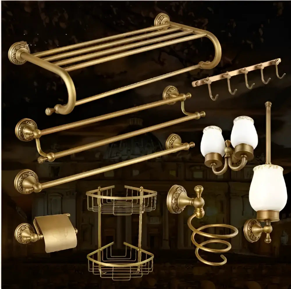 Carved antique bronze brass bathroom hardware set with ornate towel racks hooks toilet paper holder and frosted glass lamps
