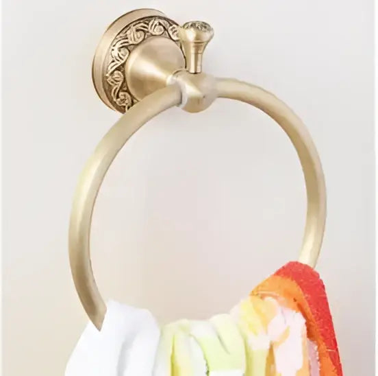 Brass-finished towel ring with ornate carved antique bronze backplate for bathroom decorbites carved antique set