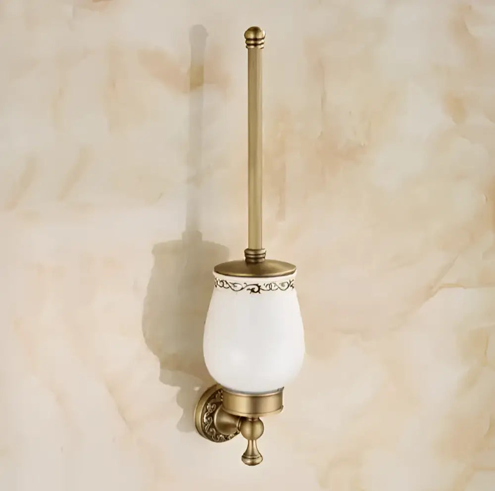 Carved antique bronze toilet brush holder with white ceramic bowl and ornate black decorative band for bathroom decorbites carved antique set