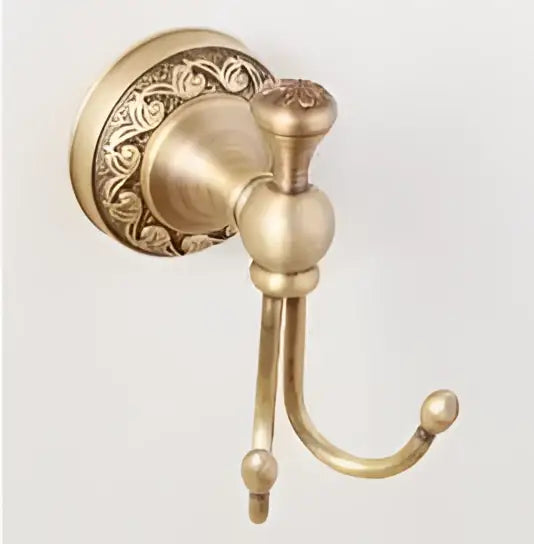 Antique bronze brass wall-mounted double hook with ornate scrollwork and rounded finials from decorbites carved antique set