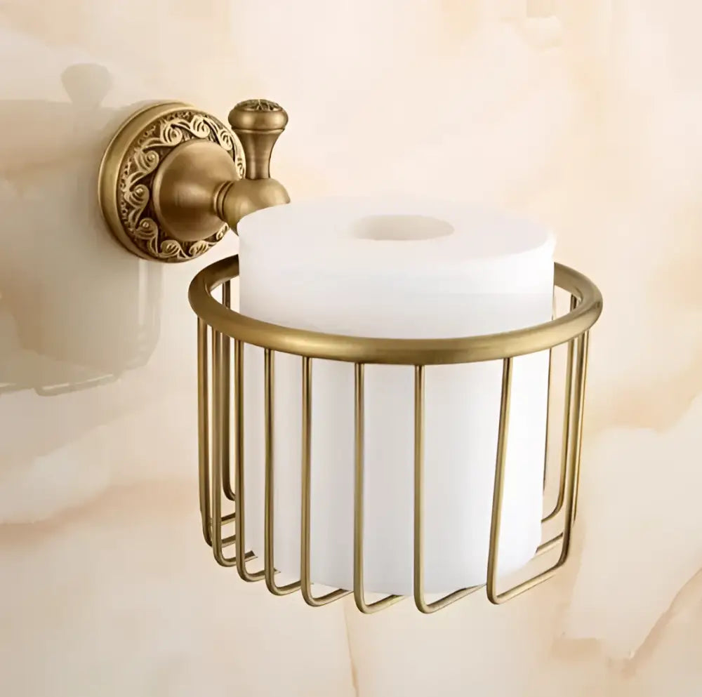 Antique bronze brass toilet paper holder with ornate carved antique decorbites wall mount and wire cage design
