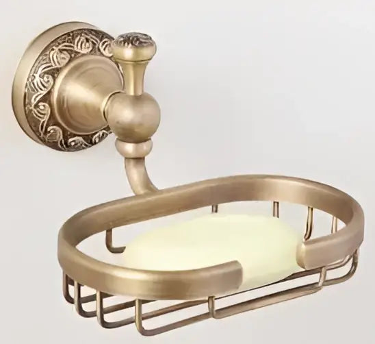 Antique bronze brass wall-mounted soap dish with ornate carved antique detailing and wire mesh design from decorbites set