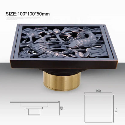 Square bronze-finished floor drain with intricate fish and lotus design on brass base from decorbites black anti-odor collection