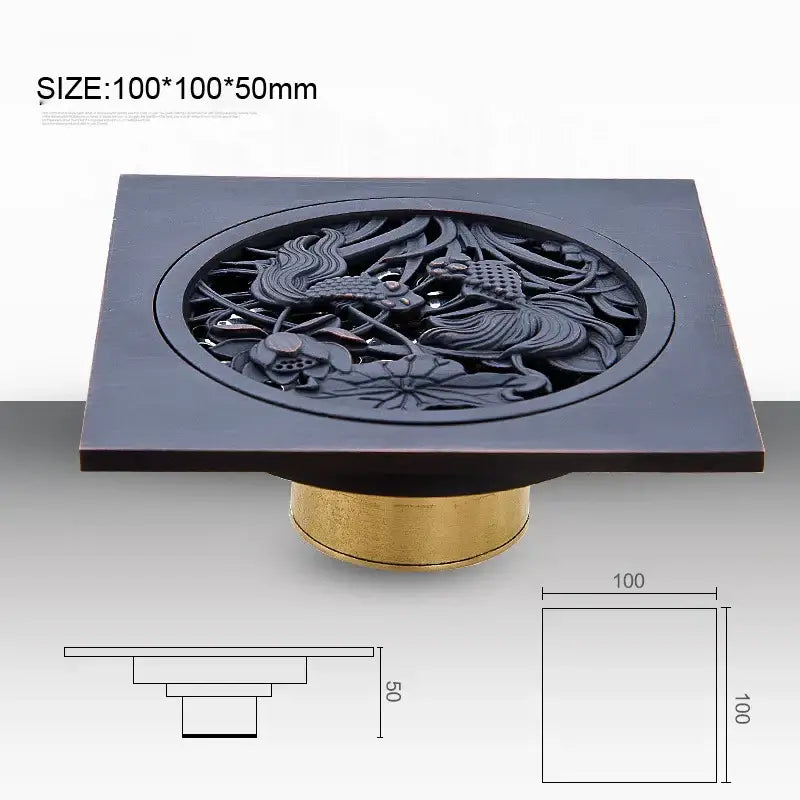 Square black bronze floor drain with carved phoenix and lotus design on brass base decorbites black anti-odor model