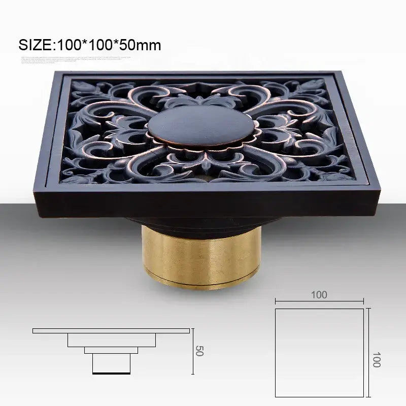 Carved black bronze decorbites black anti-odor floor drain with ornate brass floral cutout design for bathroom hardware