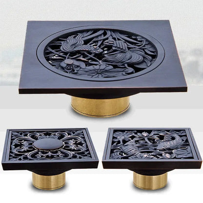 Square black bronze floor drain with intricate carved design and brass base for decorbites black anti-odor use