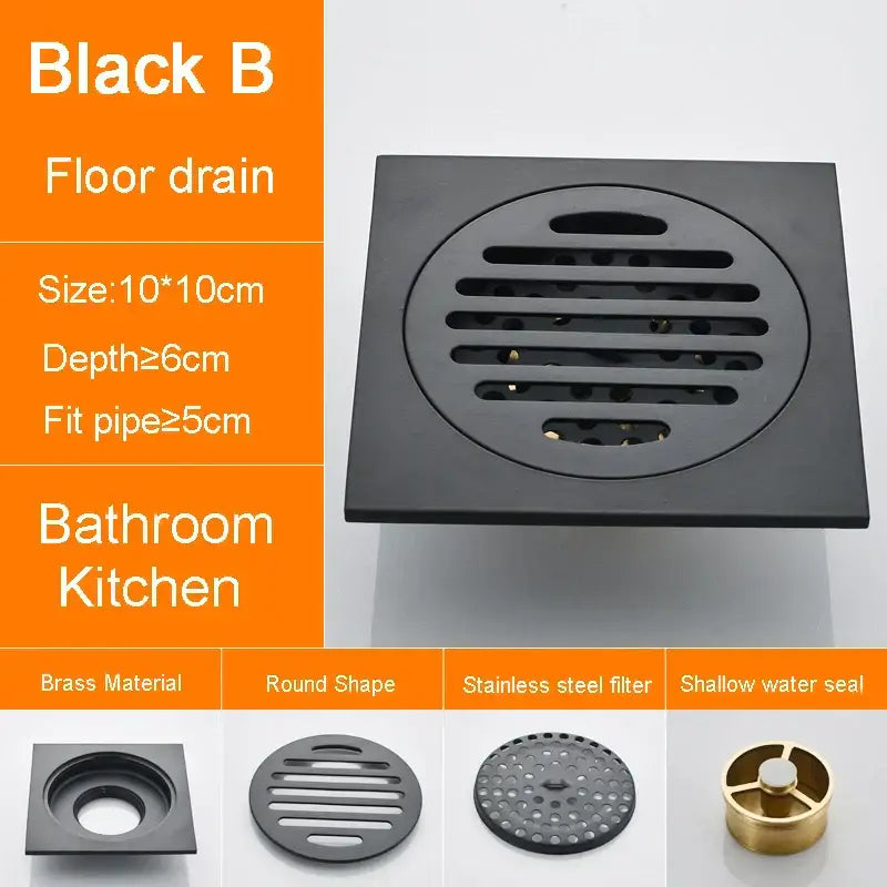 Square-shaped decorbites black anti-odor brass floor drain with matte finish and horizontal slats for bathroom use