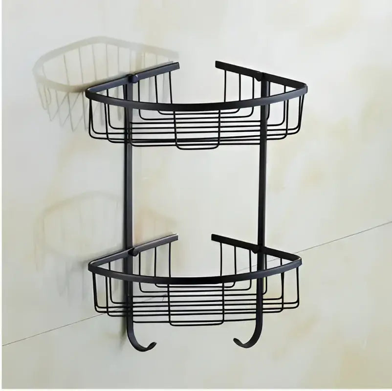 Black metal two-tier corner shelf with wire mesh baskets and curved hooks from decorbites carved flowers blackened copper set