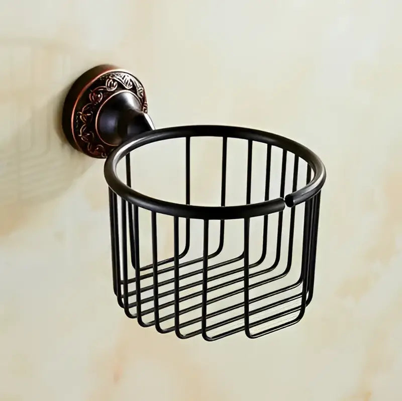 Black metal wire basket soap holder with ornate bronze carved flowers blackened copper wall mount for bathroom decorbites set