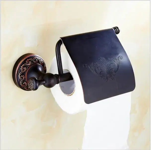 Antique bronze-finished toilet paper holder with ornate engraved black leather cover from decorbites carved flowers blackened copper set