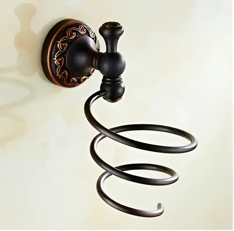 Antique bronze-finished spiral hair dryer holder with ornate wall-mounted base from decorbites carved flowers blackened copper set