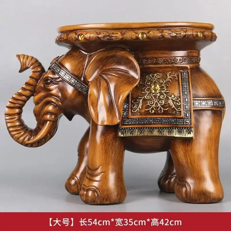 Brown wooden elephant wealth attracting stool with intricate gold and silver inlay for living room décor