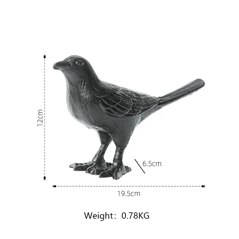 Black cast iron bird decoration with detailed feather texture and sturdy legs for elegant living room use