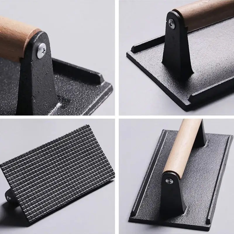 Black cast iron steak press plate with grid pattern and light wood handle for kitchen meat pressing use